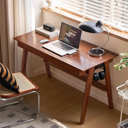 100% Solid Wood Desk Home Office Desk Mid Century Modern Rubberwood Writing Computer Desk with Drawer for Home Office 47" W - color: Teak-rubberwood, size: 47"W
