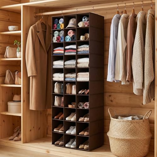 Hanging Shoe Closet Organizer, 30 Sections Hanging Closet Organizers and Storage Shelves, Space Saving Shoe Rack Holder Hanger, Coffee - color: Coffee
