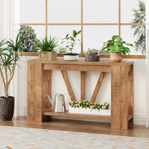 Console Table for Entryway, 47 Inches Narrow Sofa Table Behind The Couch, Farmhouse Wood Entry Table with Storage Shelves for Hallway Foyer Living Room, Rustic Wood Grain