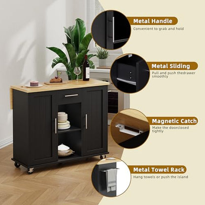 SUNLEI Rolling Kitchen Island Cart with Wheels, Island Table for Kitchen, Farmhouse Kitchen Cart with Drop Leaf & Towel Rack & Drawer, Kitchen Island with Storage Cabinet, Black - style: Black