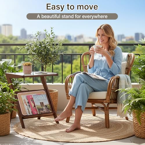 Tiita 2 Pack Rattan Side Table, Mid Century Nightstand, Bamboo Accent Bedside Tables, Glass Coffee Tables, Boho Wooden End Table with Storage for Small Space, Living Room and Bedroom - color: 2 Pack Rattan-l-brown