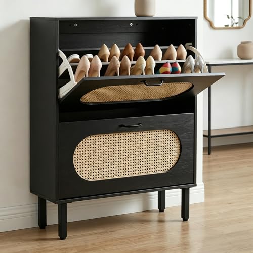 Crownland Shoes Storage Cabinet, Shoe Storage Organizer with 2 Flip-Out Drawers, Modern Two-Tier Freestanding Shoe Rack Cabinets for Entryway, Hallway, Living Room(Black-Large) - color: Black