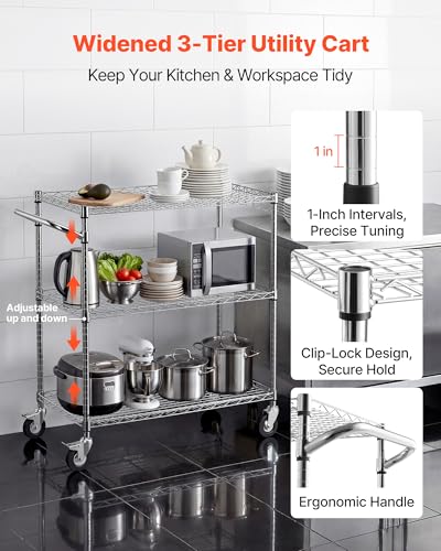 VEVOR Kitchen Utility Cart, 3 Tier Heavy Duty Adjustable Wire Storage Rack, Commercial Steel Rolling Service Trolley on Wheels, Work Table with Handle Bar, for Garage and Laundry Room, 35x17.8x40.9 in - size: 18"D x 35"W x 40.9"H Upgraded