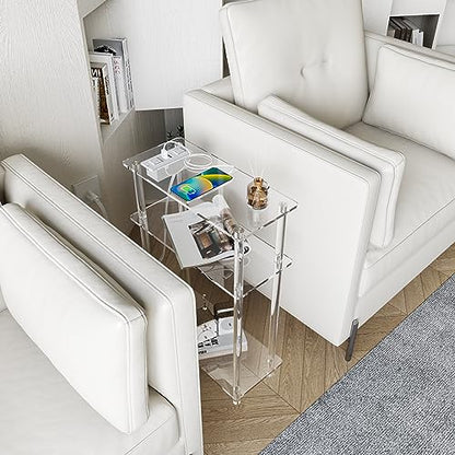 HMYHUM Acrylic Narrow Side Table with Charging Station, 7" Width, 3 Tier Small End Table for Small Spaces, Skinny Nightstand/Bedside Table with USB Ports & Outlet, Clear - size: 3-tier