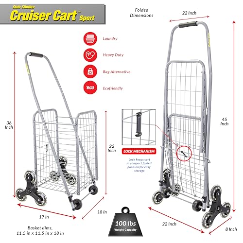 dbest Products Stair Climber Cruiser Cart Sport, Foldable Grocery Cart on Wheels,Multi-Use Collapsible Folding Laundry Basket with Wheels - color: Silver, style: Stair Climber Cruiser Cart Sport