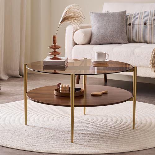 LumFurn Round Coffee Table, Mid-Century Modern Design, D30 x H17, for Living Room, 2-Tier Structure, Amber Glass Top and Walnut MDF Shelf, Sleek Conical Metal Legs with Gold Finish - color: Amber & Walnut, size: D30" Round Coffee Table