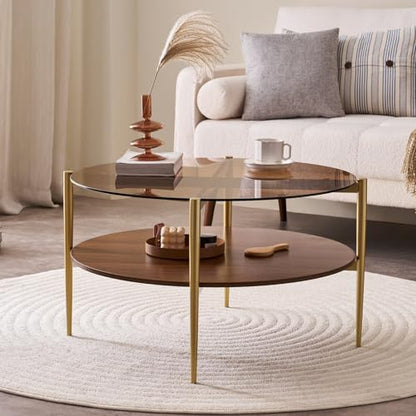 LumFurn Round Coffee Table, Mid-Century Modern Design, D30 x H17, for Living Room, 2-Tier Structure, Amber Glass Top and Walnut MDF Shelf, Sleek Conical Metal Legs with Gold Finish - color: Amber & Walnut, size: D30" Round Coffee Table