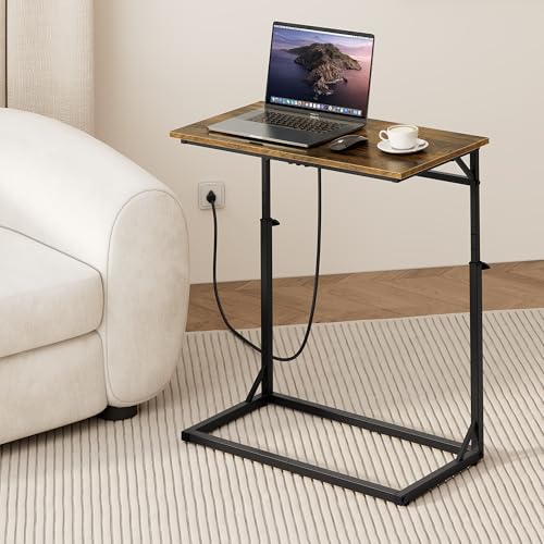 Vagusicc C Shaped End Table with Charging Station, Large C-Table End Table Adjustable Height Side Table for Couch, Couch Table Slide Under Sofa Table TV Tray Table for Sofa, Living Room, Bedroom,Brown - color: Rustic Brown, style: With Plug