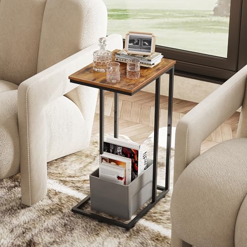 WLIVE C Shaped End Table, Small Side Table for Couch, Sofa, TV Tray C Table for Living Room, Bedroom, Home Office, Small Spaces, Rustic Brown - color: Rustic Brown
