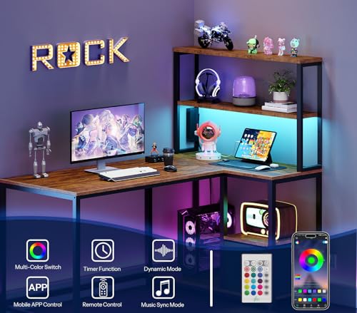 HOOBRO L Shaped Gaming Desk, 46 Inch Reversible Computer Desk with LED Light & Power Outlet, Office Desk with Storage Shelves & Drawer, for Home Office, Study, Rustic Brown and Black BF18UDDN01