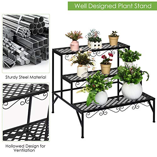 Giantex 3 Tiers Black Metal Plant Stand, Metal Plant Shelf Stands w/ 6-9 Flower Potted Capacity Holders, Multiple Flower Pot Display Rack for Plants Patio Garden Corner Indoor (Rectangular)
