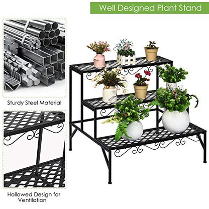 Giantex 3 Tiers Black Metal Plant Stand, Metal Plant Shelf Stands w/ 6-9 Flower Potted Capacity Holders, Multiple Flower Pot Display Rack for Plants Patio Garden Corner Indoor (Rectangular)