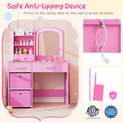 Costzon Kids Vanity with Lights, Princess Makeup Dressing Desk with Mirror and Stool, Storage Drawers, Shelves, Kids Vanity Table and Chair Set for Little Girls (Pink) - style: Pink