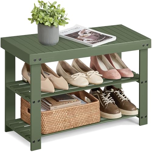 SONGMICS Shoe Rack Bench, 3-Tier Bamboo Shoe Storage Organizer, Entryway Bench, Holds Up to 286 lb, 11.3 x 27.6 x 17.8 Inches, for Entryway Bathroom Bedroom, Forest Green ULBS004C01 - color: Forest Green, size: 27.6"W