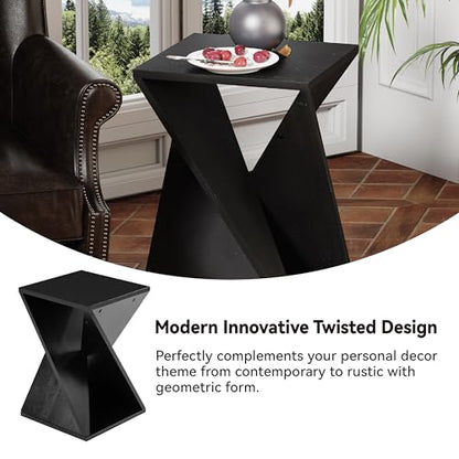 COZAYH Farmhouse Square Solid Wood Twisted Pedestal Side Table, Black | Modern Minimalist End Table Plant Stand for Living Room, Bedroom, Office, Rustic - color: Black