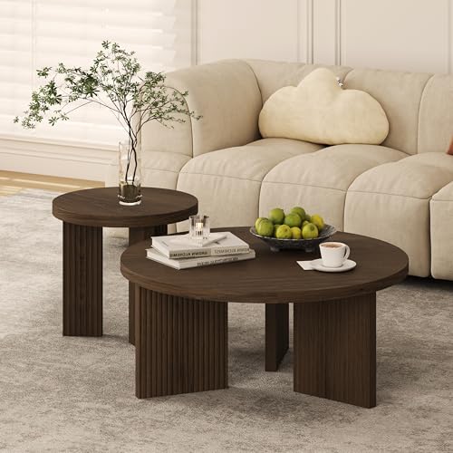 Nesting Coffee Table Set of 2, Brown | Modern Wooden Coffee Table, Circle Tea Table and End Table Set, Accent Center Tables for Living Room, Office - color: Brown, style: Coffee Table Set of 2