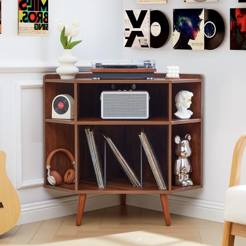 Corner Record Player Stand with Charging Station & USB Ports, 3 Tier Mid Century Modern Vinyl Record Storage Cabinet, Wood Turntable Table for Music Room, Small Space(Dark Walnut) - color: Small,with Wood Grain,dark Walnut