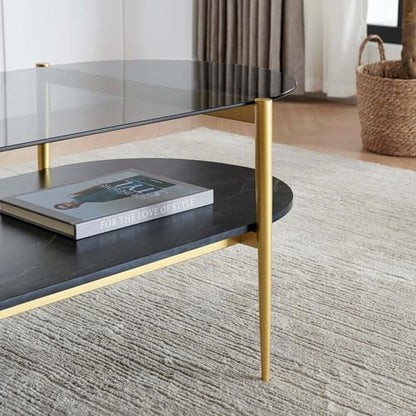 LumFurn Oval Glass Coffee Table, Mid-Century Modern Design, L41 x W21 x H17 inch, for Living Room, Grey Glass Top, Black Marble Finish Wood Shelf & Gold Finish Frame - color: Grey & Black Marble, size: L41" Oval Coffee Table
