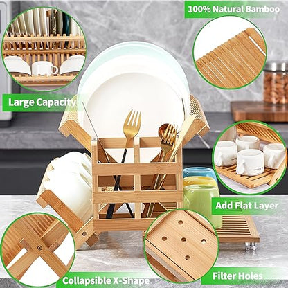 NOVAYEAH Bamboo Dish Drying Rack with Utensil Holder, Collapsible Wooden Dish Drainer Rack, 3-Tier Large Folding Drying Holder for Kitchen Counter 51 pcs Grid - color: 3-tier (Bamboo)