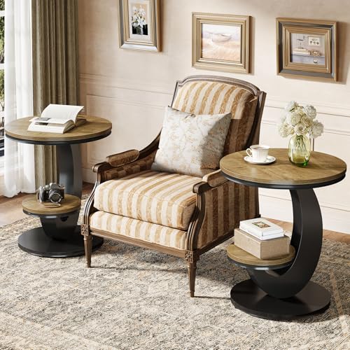 Tribesigns Round End Table, 2 Tiers Side Table with Storage Shelf, Sofa Side Bedside Nightstand with Wood Metal C-Shaped Frame for Small Spaces, Living Room, Easy to Assemble, Light Brown (2PCS) - color: Light Brown