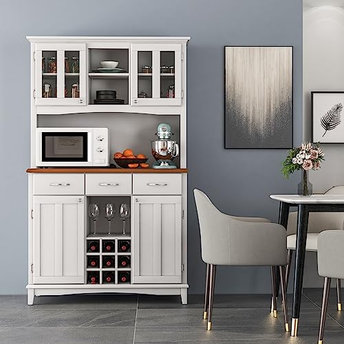 PETSITE Kitchen Pantry Storage Cabinet, Freestanding Microwave Cupboard with Tempered Glass Cabinet, Wine Rack, Adjustable Shelves, Buffet with Hutch for Living Room, Dining Room, White