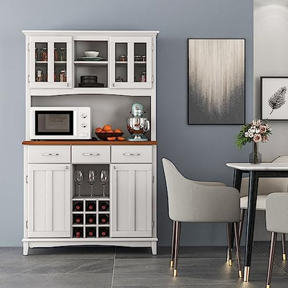 PETSITE Kitchen Pantry Storage Cabinet, Freestanding Microwave Cupboard with Tempered Glass Cabinet, Wine Rack, Adjustable Shelves, Buffet with Hutch for Living Room, Dining Room, White