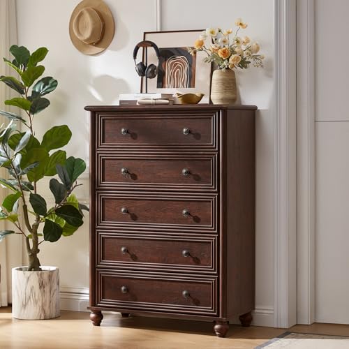 RWYHG Farmhouse 5 Drawer Dresser, 45" Tall Chest of Drawers for Bedroom | Tall Walnut Vertical Dressers with 4 Wooden Legs, Metal Handles, Storage Organizer for Living Room, Hallway, Closet - color: Walnut, size: 15.8"D x 31.5"W x 45"H (5 Drawers)
