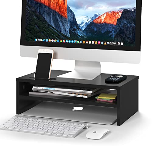 BONTEC Wooden Monitor Stand Riser for Desk, 2-Tier Computer Monitor Stand | 66 lbs Desk Shelf Organizer with Storage, Laptop & Printer Stand with Phone Holder and Cable Management, Black, 16.5 Inch - color: Black, size: 16.5 Inch