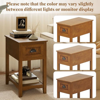 Giantex End Table with Drawer, Retro Narrow Side Table, Nightstand with Solid Wood & Storage Shelf, Bedside Table for Living Room Bedroom Small Space Home Office (2, Tawny) - color: Tawny