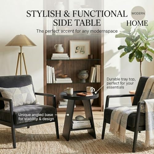 Round End Table with 17.7 inch Tray Top, 2-Tier Side Table with Storage Shelf, Modern Farmhouse Industrial Wood Nightstand for Living Room, Bedroom, Small Spaces (Black) - color: Black
