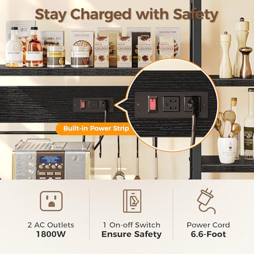 SUPERJARE Large Bakers Rack with Power Outlets, 6-Tier Microwave Stand, Coffee Bar with 12 S-Shaped Hooks, Kitchen Shelf with Wire Basket, 39.4 x 14.6 x 66.9 Inches, Black - color: Black, size: 39.4inch