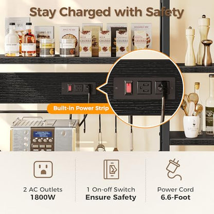 SUPERJARE Large Bakers Rack with Power Outlets, 6-Tier Microwave Stand, Coffee Bar with 12 S-Shaped Hooks, Kitchen Shelf with Wire Basket, 39.4 x 14.6 x 66.9 Inches, Black - color: Black, size: 39.4inch