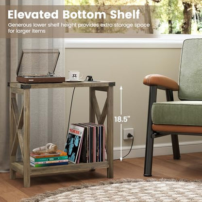 Hadulcet Farmhouse End Tables Living Room Set of 2 - Narrow Side Table with Charging Station, Slim Nightstand for Small Space, Skinny Bedside Table, Sofa Side Table with Storage Shelf, Elegant Gray - color: Elegant Gray