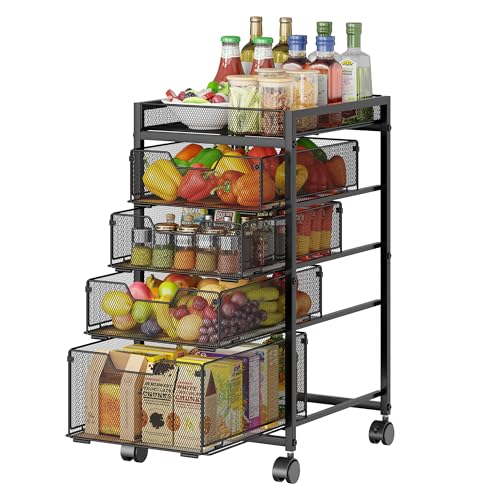 keomaisyto 5-Tier Kitchen Storage Cart with Top Basket & Drawers, Fruit and Vegetable Storage Rack on Wheels, Metal Rolling Cart with Drawers & Kitchen Organization for Snacks, Potatoes, Onions, Cans - size: 5-Tier
