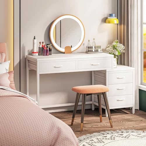Tribesigns Computer Desk with 5 Drawers, Home Office Desks with Reversible Drawer Cabinet Printer Stand, Industrial PC Desk with Storage, White Study Writing Table Workstation for Small Spaces - color: White