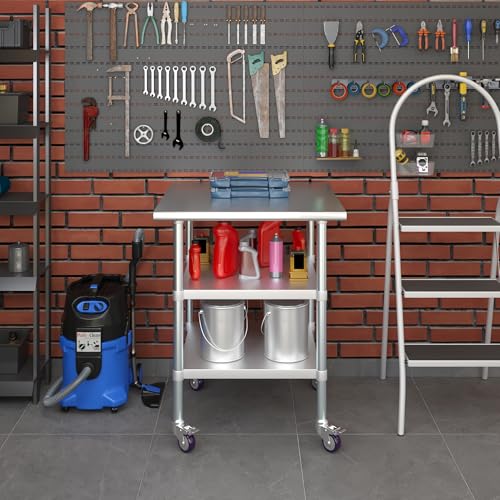 AmGood Stainless Steel Work Table with 2 Shelves and Casters | Metal Utility Table On Wheels (Stainless Steel Work Table with 2 Shelves + Casters, 30" Long x 30" Deep) - size: 30" Long x 30" Deep