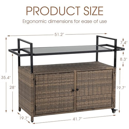 HOMEFUN Outdoor Bar Cart Table - Patio Console Storage Cabinet BBQ Grill Carts Buffet with Wheels Waterproof Wicker Serving Tables for Outside, Brown - color: 01-brown