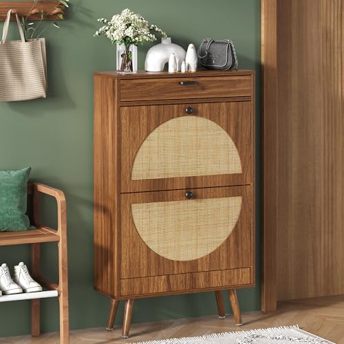 Shoe Rack Storage Organizer with 2 Natural Semi-Circular Rattan Doors, Entryway Wooden Shoe Cabinet for Sneakers, Leather Shoes, High Heels, Slippers (1 Piece, Walnut) - color: Walnut