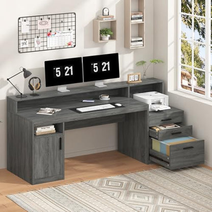 YOMILUVE Executive Computer Desk with 3 Drawers & Storage Shelves, 65 Inch Home Office Desk with File Drawer & Cabinet, Writing Study Desks with Monitor Stand & Printer Shelf, Dark Grey - color: Dark Gray