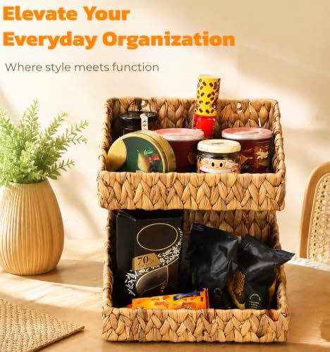 Pumtus 2-tier Handwoven Storage Basket, Water Hyacinth Standing Rack, Kitchen Countertop Organizer, Hanging Bathroom Basket, Fruit Vegetable Holder, Storage Shelf for Home Organization