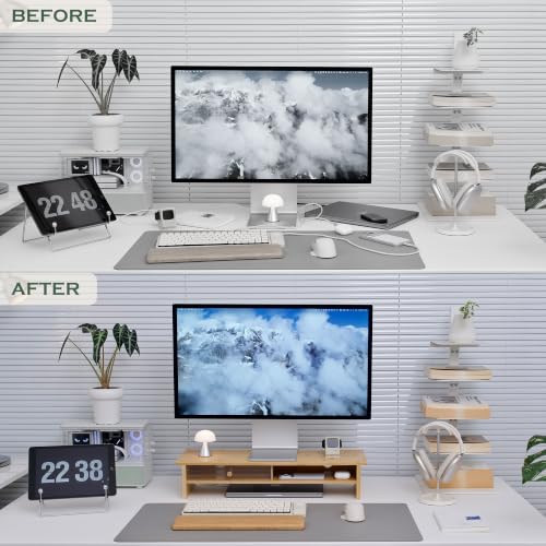 Bamboo Monitor Stand with Acrylic Sliding Door, Monitor Riser with Storage and Cable Management, Wood Desk Shelf for Home Office, Laptop and Printer