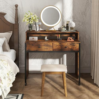 Giantex Small Computer Desk with Hutch & Drawers, Extendable Writing Desk w/Pull Out Secondary Table, Monitor Stand & Rolling Wheels, Console Table, Compact Desk for Small Spaces (Rustic Brown) - color: Rustic Brown