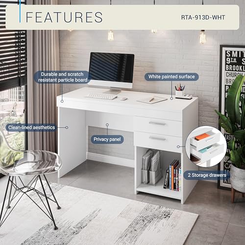 Techni Mobili 48 Inch Modern Compact Computer Desk with Drawers, White | 48 Inch modern desk with storage drawers, sturdy frame, compact design, ideal for bedrooms and home office workspaces - color: White