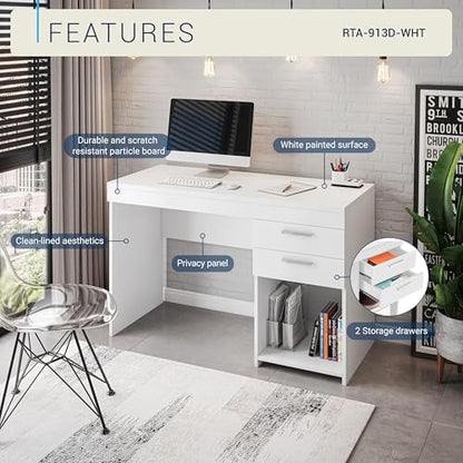 Techni Mobili 48 Inch Modern Compact Computer Desk with Drawers, White | 48 Inch modern desk with storage drawers, sturdy frame, compact design, ideal for bedrooms and home office workspaces - color: White