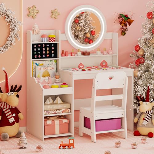 Costzon Kids Vanity, Girls Vanity Set with Mirror and Lights, Jewelry Storage, Shelves, Princess Toddler Makeup Vanity Desk Dressing Table, Wooden Kids Vanity Table and Chair Set (White) - style: White with Jewelry Storage
