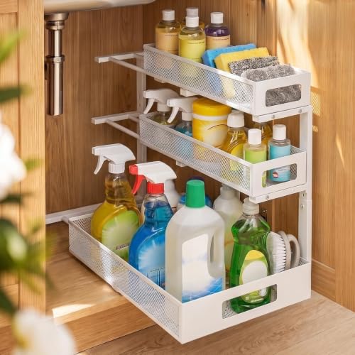 3 Tier Under Sink Organizer,2 Pack Pull Out Cabinet Shelves with Adjustable Height,Heavy Duty Carbon Steel L-Shaped Storage for Kitchen Bathroom Sink,Pantry & Laundry,White - color: White, size: 2 Pack