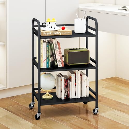 DCLRN 3 Tier Rolling Cart,Storage Organizer Cart,Multifunctional Storage Shelves,Rolling Metal Organization Cart with Handle and Lockable Wheels,for Home,Office,Kitchen,Bathroom(Black) - size: Small