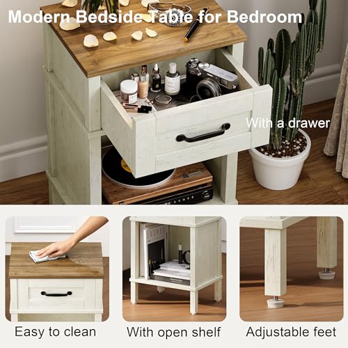 White Farmhouse Nightstands, Nightstand with Drawers, Small Bedside Table | Modern Bedroom Nightstand, Farmhouse End Table,White Wood Night Stand,Side Table Bedroom,End Table with Storage LET512WR - color: White and Rustic Brown
