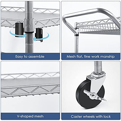WDT Heavy Duty 3 Tier Utility Cart,Wire Rolling Carts with Wheels, Commercial Grade Service Cart with Shelving Liners and Handle Bar Metal Carts for Kitchen Office Hardware - color: 990lbs Capacity Silver
