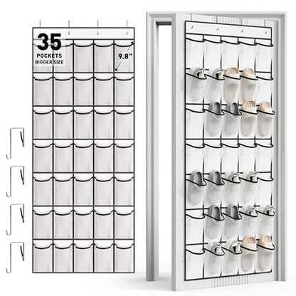 WVM Over the Door Shoe Organizer with 35 Breathable Mesh Pockets, Hanging Shoe Organizer for Door with 4 Metal Hooks, Large Capacity Closet Storage for Shoes, Accessories, White - style: White